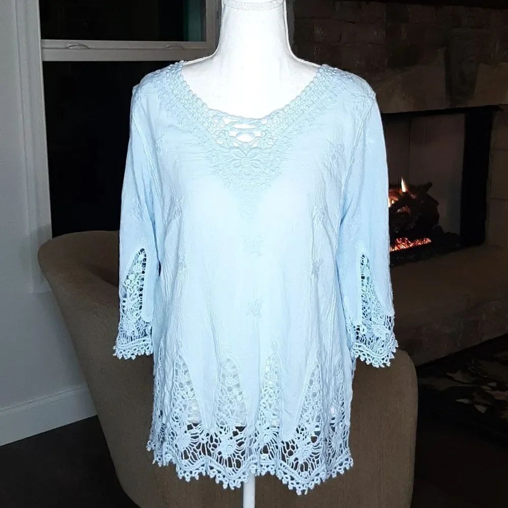 Cato Blue Quarter Sleeve Shirt with Embroidered Butterflies